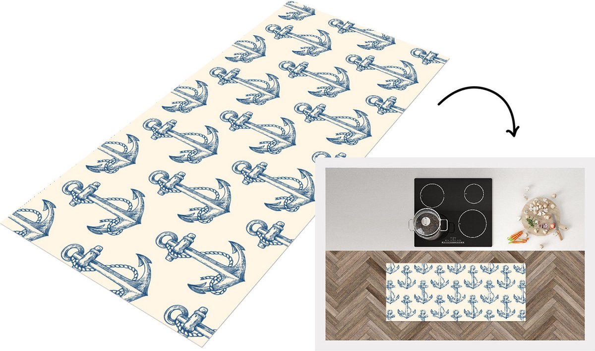 KitchenYeah Keukenloper - Loper keuken - Vintage - Anker - Strand - Zee - Patronen - 120x50 cm - Keukenloper vinyl Multicolor