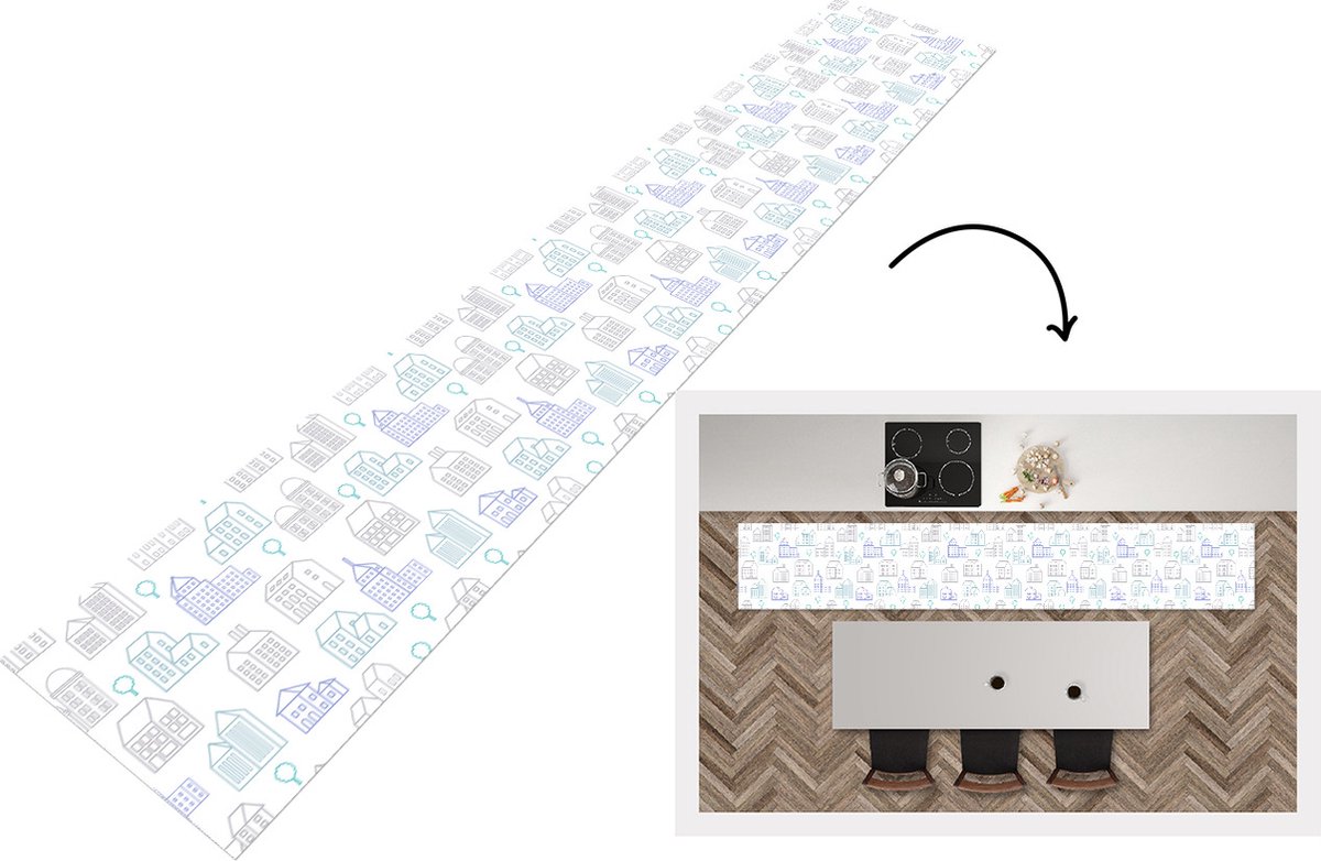 KitchenYeah Keukenloper - Loper keuken - Skyline - Patronen - Huis - 300x50 cm - Keukenloper vinyl Multicolor