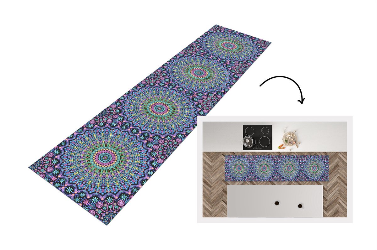 KitchenYeah Keukenloper - Loper keuken - Mandala - Hippie - Regenboog - Neon - Patronen - 200x50 cm - Keukenloper vinyl Multicolor