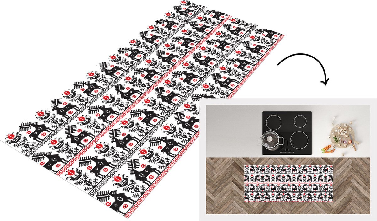KitchenYeah Keukenloper - Loper keuken - Hert - Patroon - Zwart - Rood - 120x50 cm - Keukenloper vinyl Multicolor