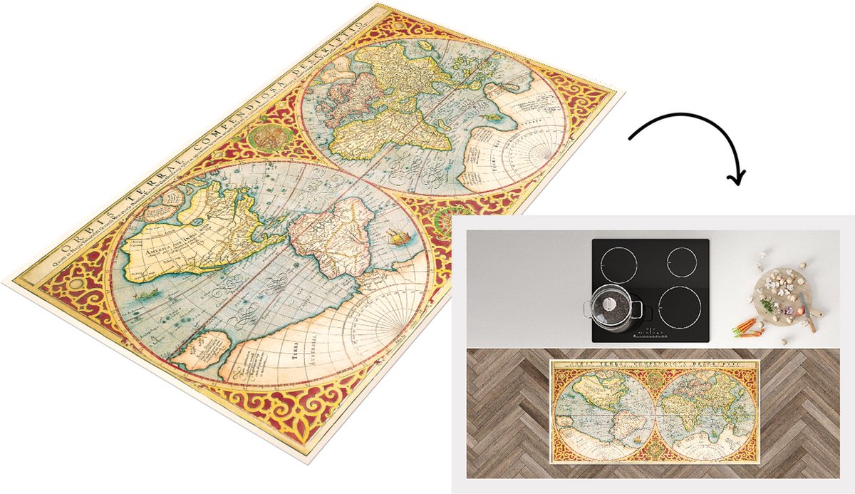 KitchenYeah Keukenloper - Loper keuken - Wereldkaart - Retro - Latijn - 120x60 cm - Keukenloper vinyl Multicolor