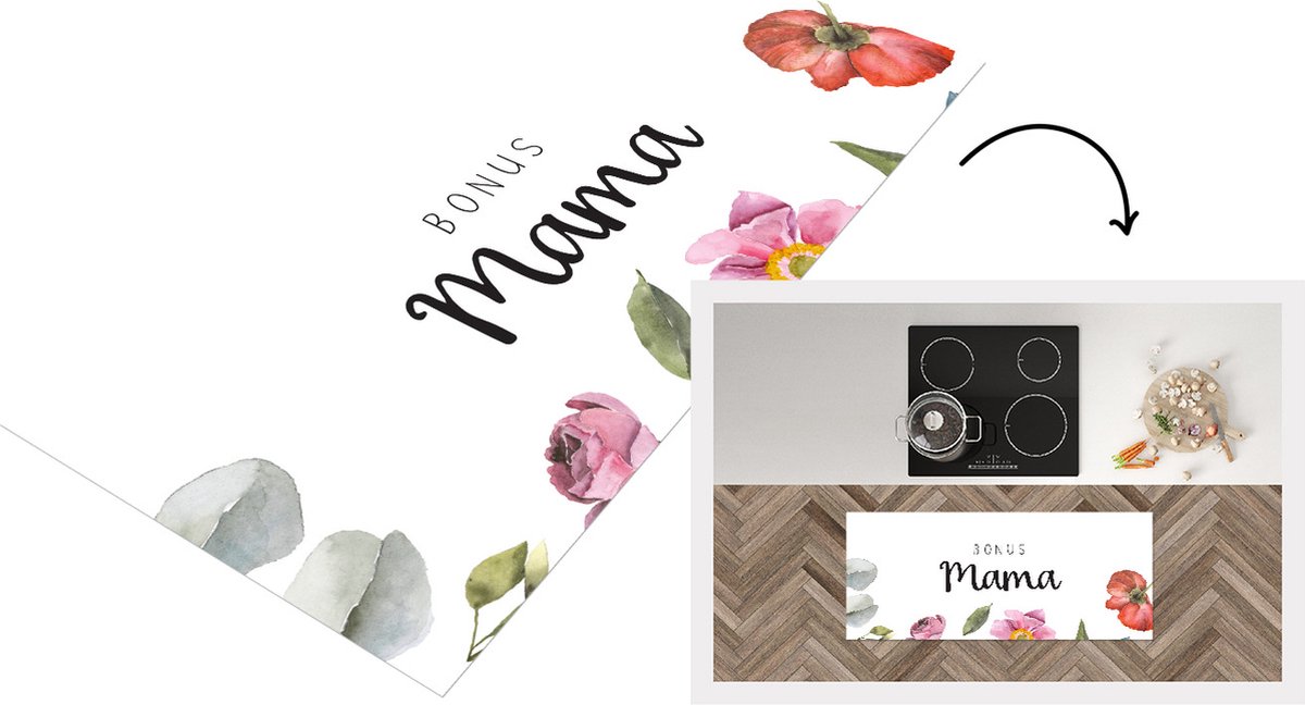 KitchenYeah Keukenloper - Loper keuken - Spreuken - Quotes Bonus Mama - Moederdag - Moeder - Bloemen - Cadeau - 120x50 cm - Keukenloper vinyl Multicolor