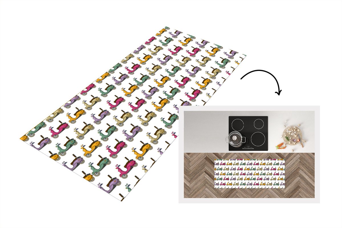 KitchenYeah Keukenloper - Loper keuken - Patroon - Tiener - Scooter - Reizen - 120x50 cm - Keukenloper vinyl Multicolor