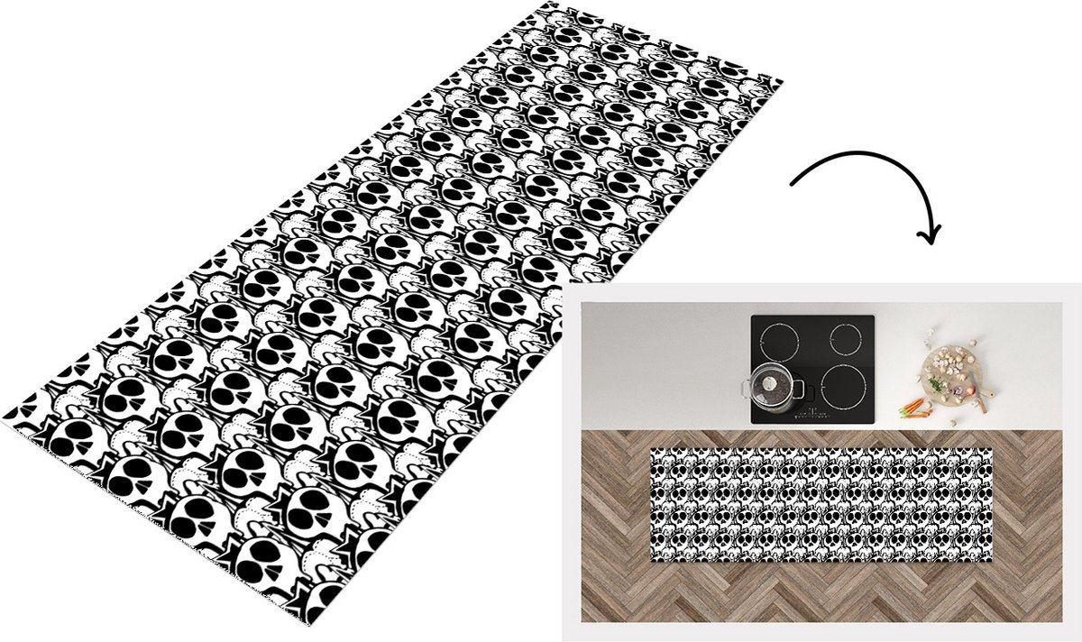 KitchenYeah Keukenloper - Loper keuken - Tiener - Skull - Zwart - Patronen - 150x50 cm - Keukenloper vinyl Multicolor