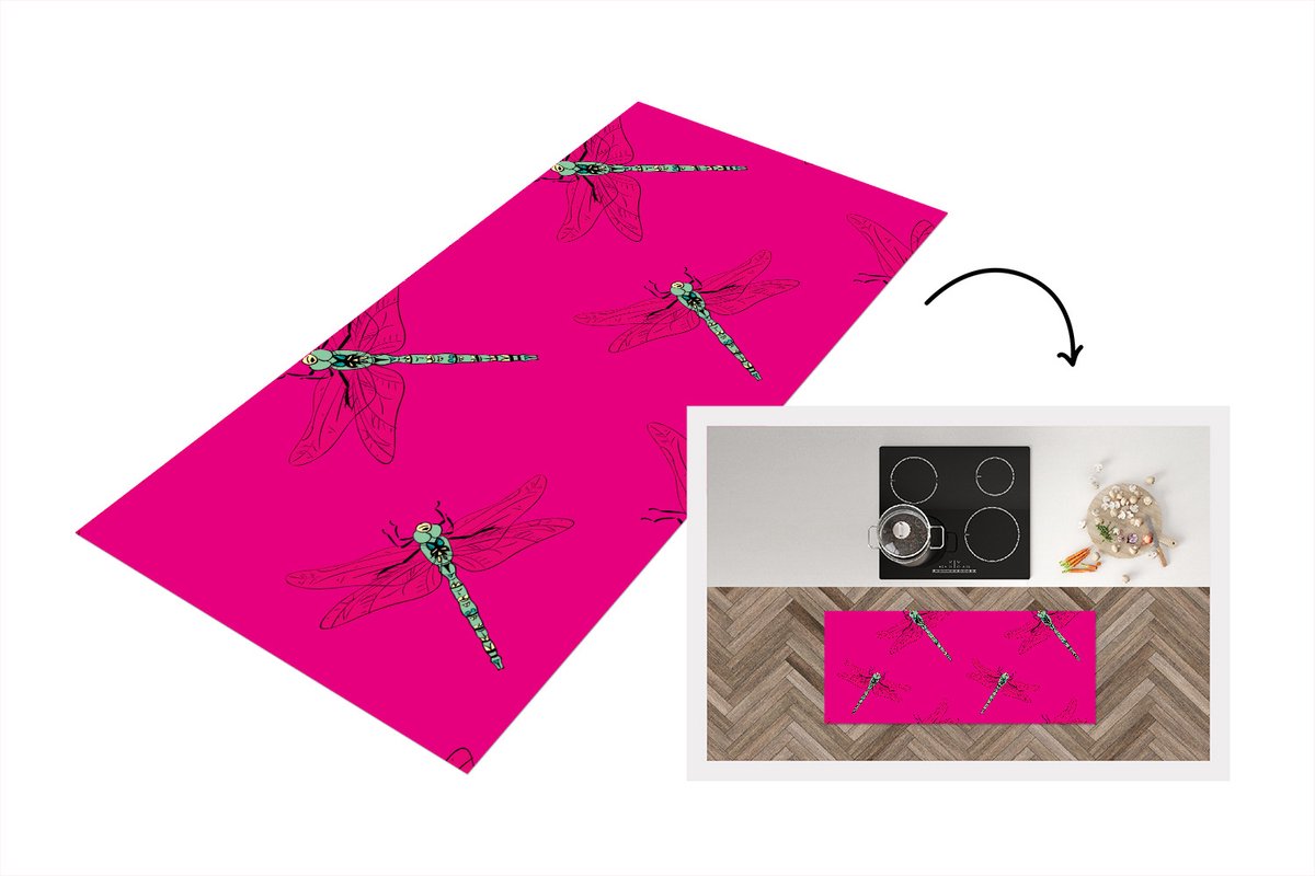 KitchenYeah Keukenloper - Loper keuken - Meiden - Libelle - Insecten - Patronen - 120x50 cm - Keukenloper vinyl Multicolor