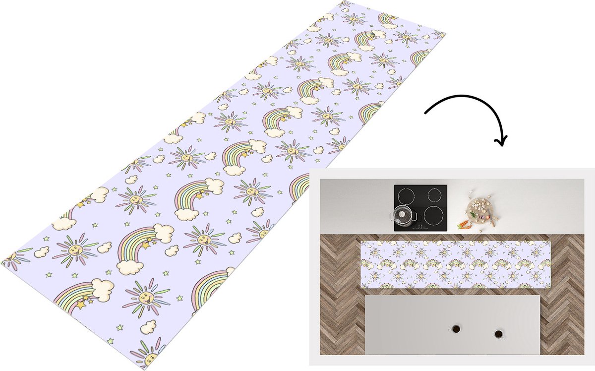 KitchenYeah Keukenloper - Loper keuken - Meisjes - Regenboog - Zon - Patronen - 200x50 cm - Keukenloper vinyl Multicolor