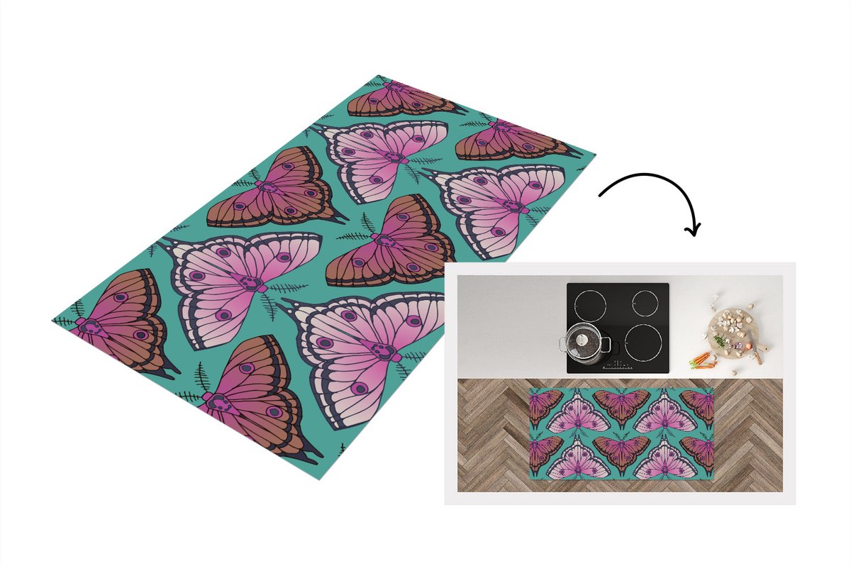 KitchenYeah Keukenloper - Loper keuken - Meisje - Motten - Insecten - Patronen - 120x60 cm - Keukenloper vinyl Multicolor