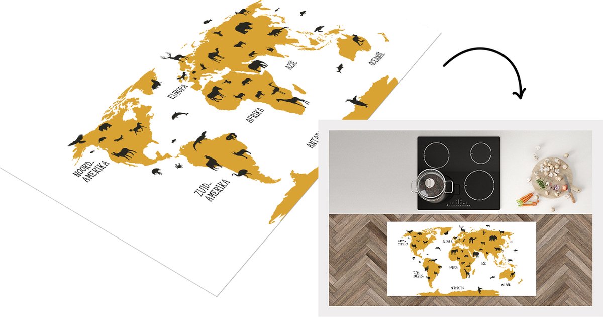 KitchenYeah Keukenloper - Loper keuken - Wereldkaart Kinderen - Dieren - Geel - Keukenloper vinyl, foto 2