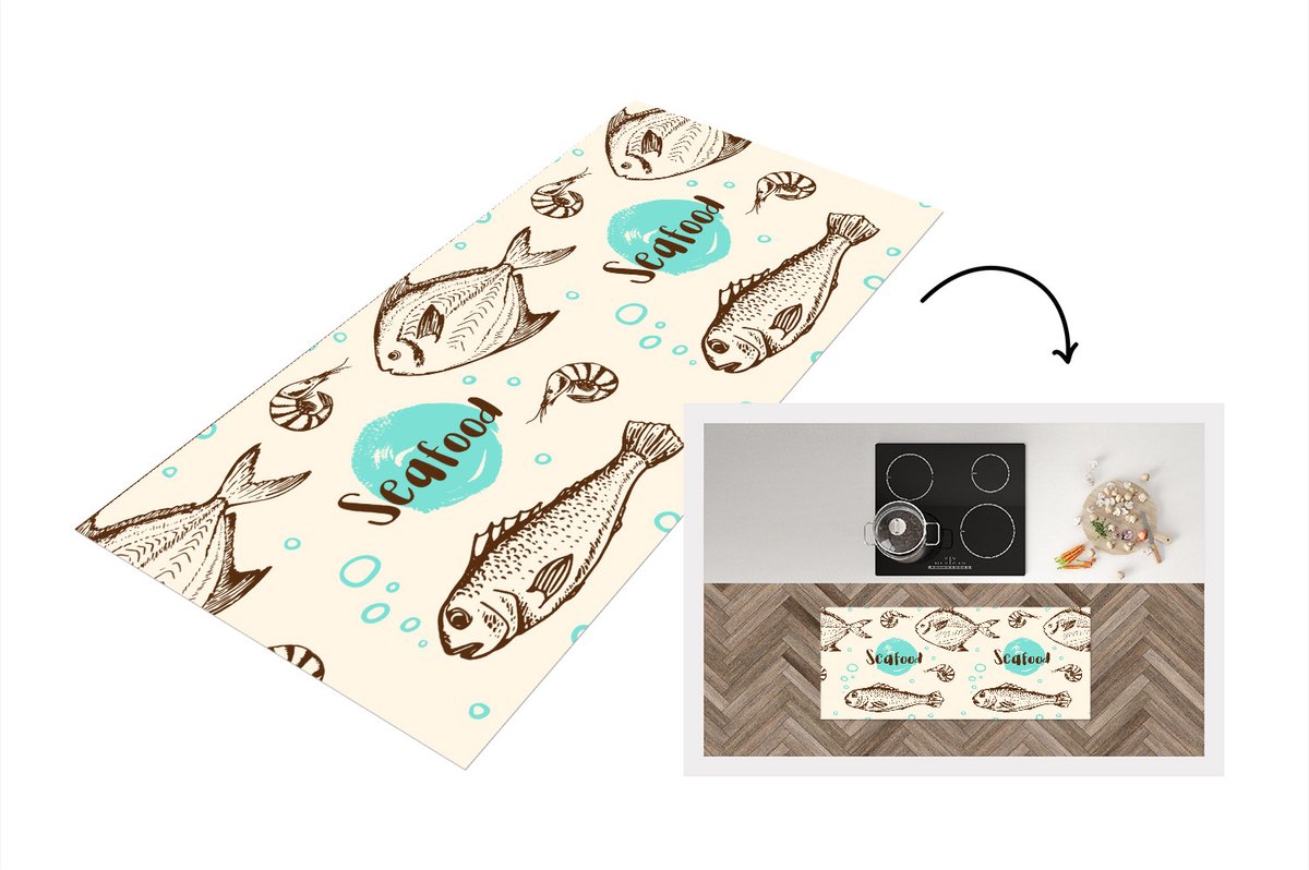 KitchenYeah Keukenloper - Loper keuken - Eten - Patronen - Vissen - 120x50 cm - Keukenloper vinyl Multicolor