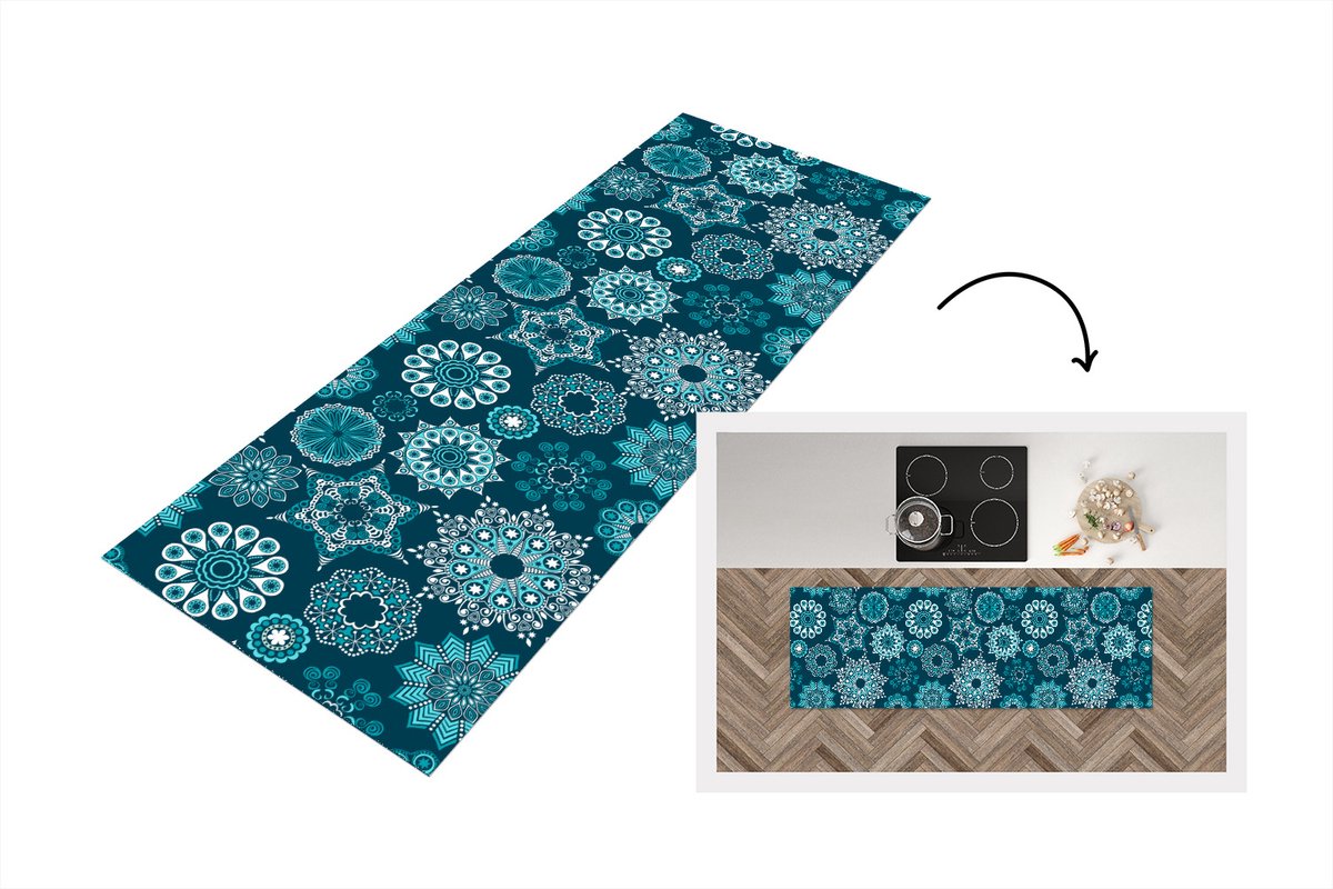 KitchenYeah Keukenloper - Loper keuken - Sneeuwvlok - Luxe - Blauw - Zilver - Design - 150x50 cm - Keukenloper vinyl Multicolor