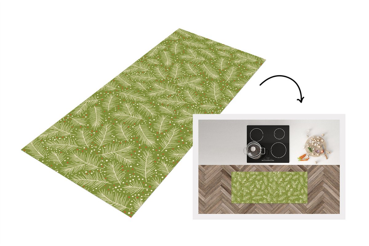 KitchenYeah Keukenloper - Loper keuken - Dennentak - Patronen - Kerst - Winter - 120x50 cm - Keukenloper vinyl Multicolor
