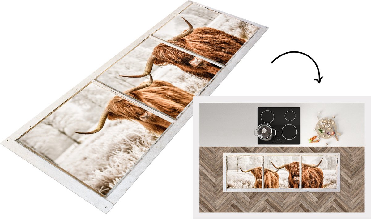 KitchenYeah Keukenloper - Loper keuken - Schotse hooglander - Doorkijk - Stier - 180x60 cm - Keukenloper vinyl Multicolor