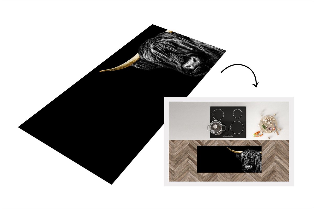 KitchenYeah Keukenloper - Loper keuken - Schotse hooglander - Zwart - Goud - Hoorn - 120x50 cm - Keukenloper vinyl Multicolor
