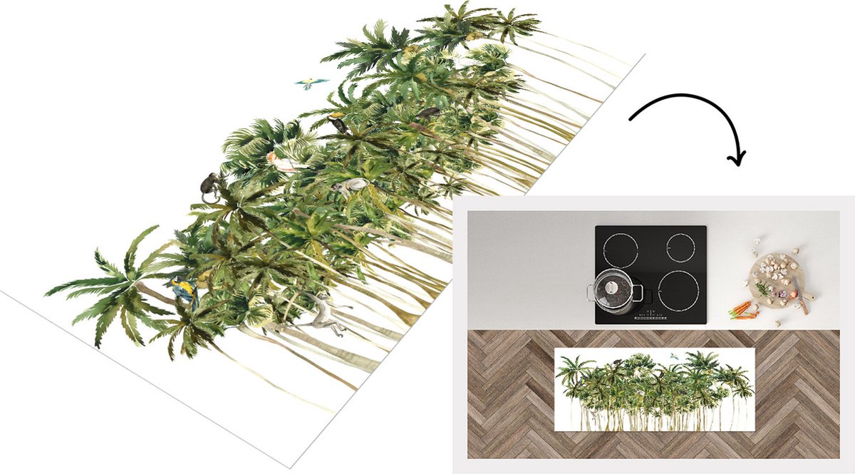 KitchenYeah Keukenloper - Loper keuken - Jungle - Palmboom - Vogels - 120x50 cm - Keukenloper vinyl Multicolor