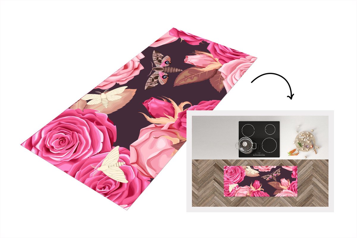 KitchenYeah Keukenloper - Loper keuken - Rozen - Vlinders - Roze - 120x50 cm - Keukenloper vinyl Multicolor