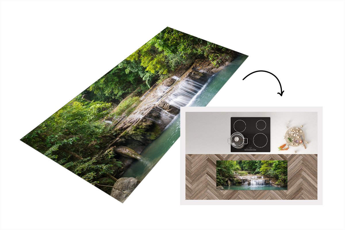 KitchenYeah Keukenloper - Loper keuken - Groene bomen langs de rivier boven een waterval in het Nationaal park Erawan - 120x50 cm - Keukenloper vinyl Multicolor