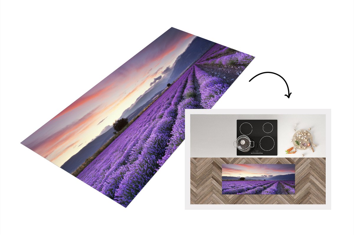 KitchenYeah Keukenloper - Loper keuken - Een lavendelveld bij zonsondergang - 120x50 cm - Keukenloper vinyl Multicolor