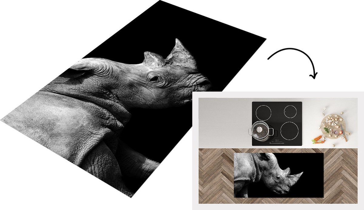 KitchenYeah Keukenloper - Loper keuken - Portretfoto neushoorn op zwarte achtergrond in zwart-wit - 120x60 cm - Keukenloper vinyl Zwart; Wit