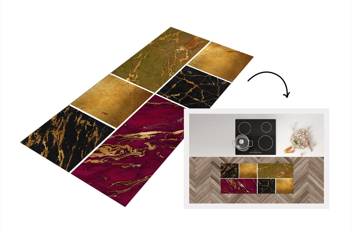 KitchenYeah Keukenloper - Loper keuken - Marmer - Goud - Chic - 120x50 cm - Keukenloper vinyl Multicolor