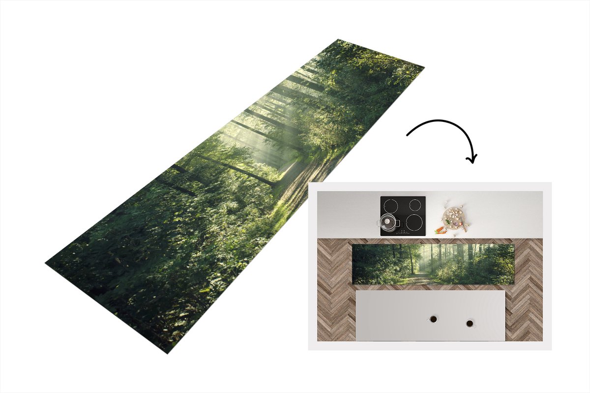 KitchenYeah Keukenloper - Loper keuken - Bos - Pad - Zon - 200x50 cm - Keukenloper vinyl Multicolor
