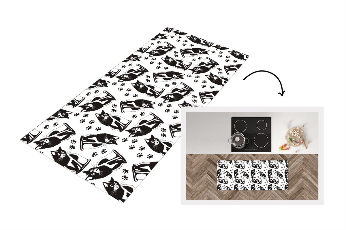 KitchenYeah Keukenloper - Loper keuken - Patronen - Kat - Zwart - Wit - Keukenloper vinyl Multicolor