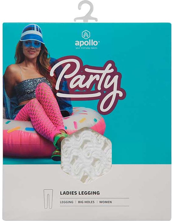 Verpakking voor dameslegging met de tekst "Party", een model met een glittertop en roze legging, en een voorbeeld van witte legging met grote gaten.