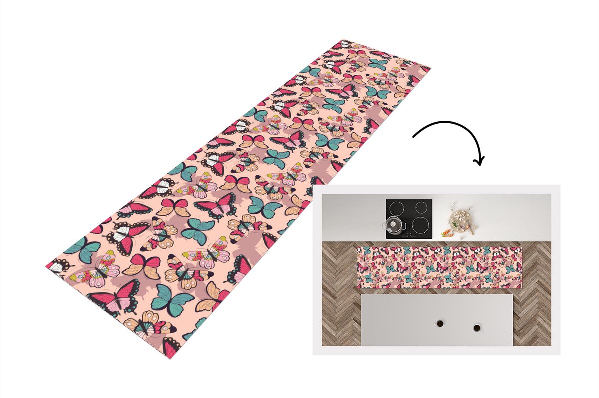 KitchenYeah Keukenloper - Loper keuken - Vlinder - Roze - Blauw - Design - 240x60 cm - Keukenloper vinyl Multicolor