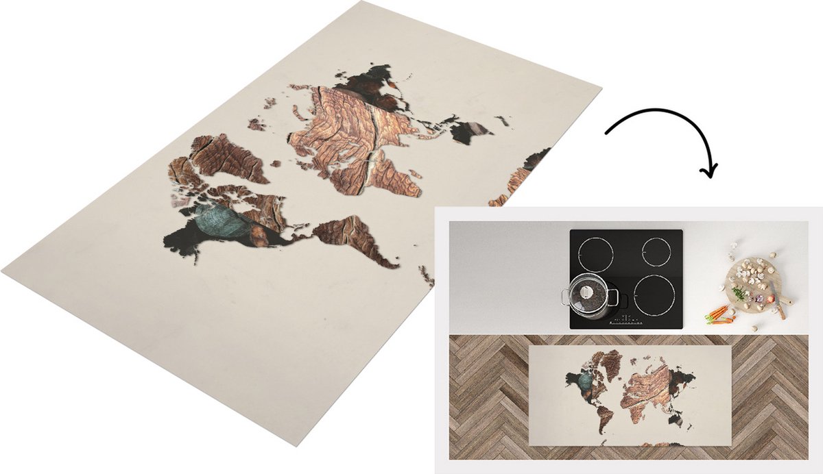 KitchenYeah Keukenloper - Loper keuken - Wereldkaart - Boom - Hout - 120x60 cm - Keukenloper vinyl Multicolor