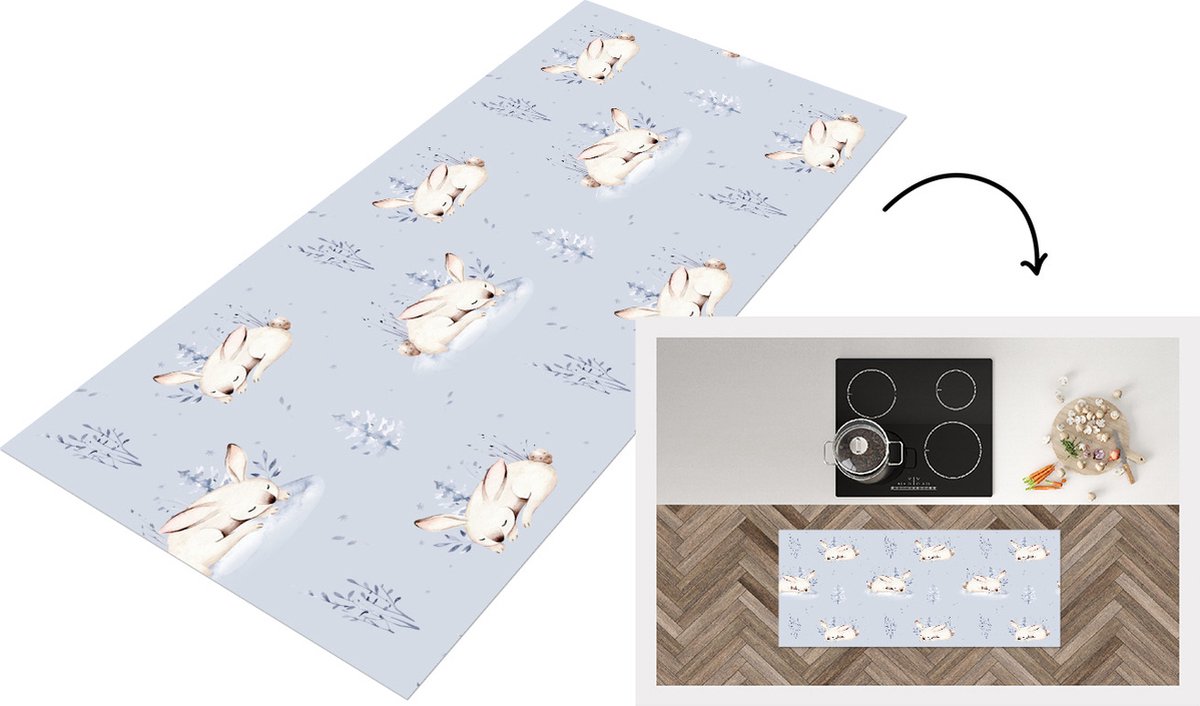 KitchenYeah Keukenloper - Loper keuken - Winter - Patroon - Konijn - 120x50 cm - Keukenloper vinyl Multicolor