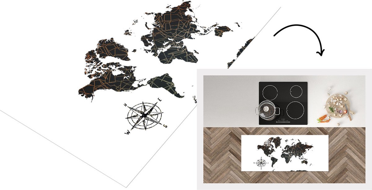 KitchenYeah Keukenloper - Loper keuken - Wereldkaart - Windroos - Goud - Design - Keukenloper vinyl Multicolor