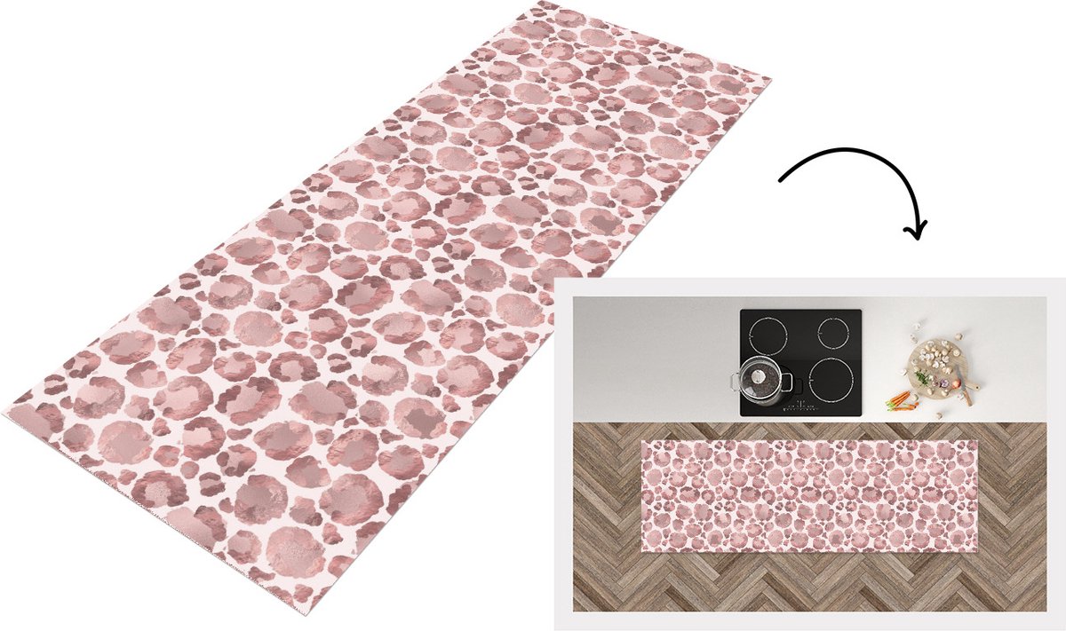 KitchenYeah Keukenloper - Loper keuken - Panterprint - Roze - Vlekken - Luxe - 150x50 cm - Keukenloper vinyl Multicolor