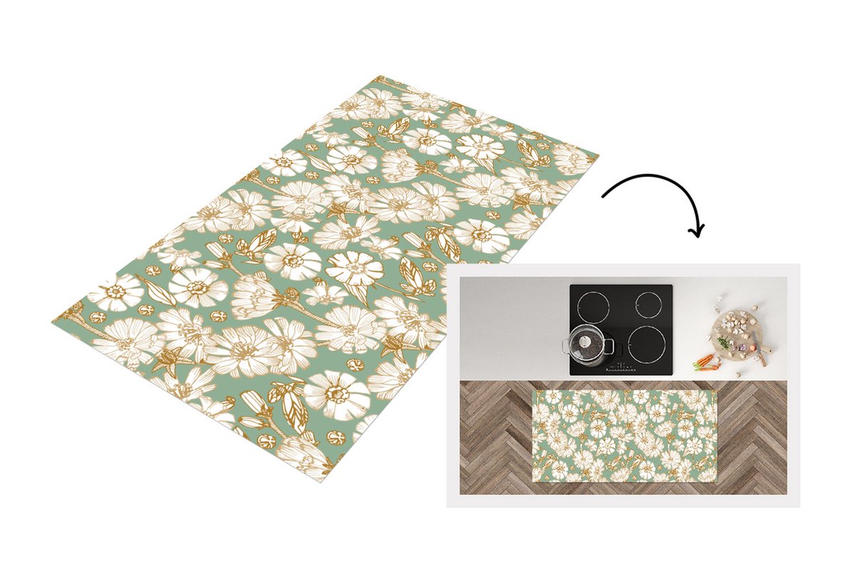 KitchenYeah Keukenloper - Loper keuken - Bloem - Art nouveau - Design - 120x60 cm - Keukenloper vinyl Multicolor
