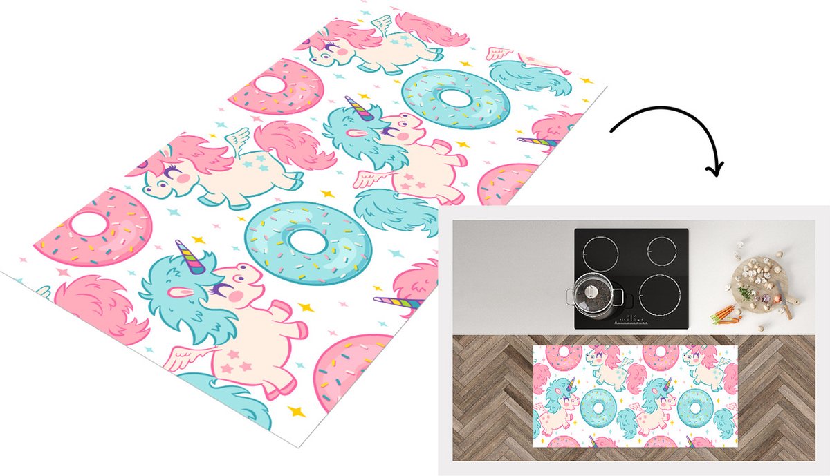 KitchenYeah Keukenloper - Loper keuken - Eenhoorn - Donut - Baby - 120x60 cm - Keukenloper vinyl Multicolor