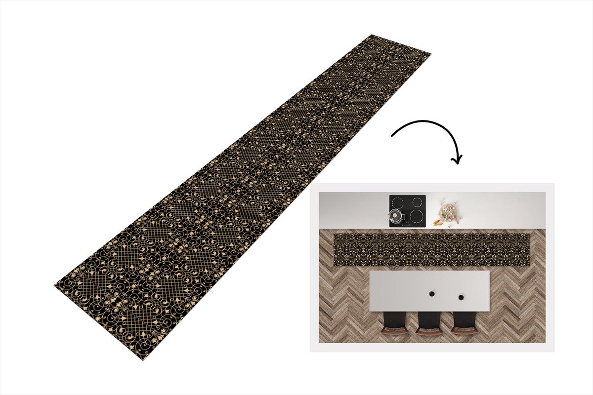 KitchenYeah Keukenloper - Loper keuken - Patroon - Abstract - Goud - Jaren 20 - 300x50 cm - Keukenloper vinyl Multicolor