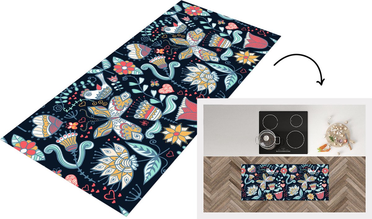 KitchenYeah Keukenloper - Loper keuken - Vlinder - Vogel - Bloem - Patroon - 120x50 cm - Keukenloper vinyl Multicolor
