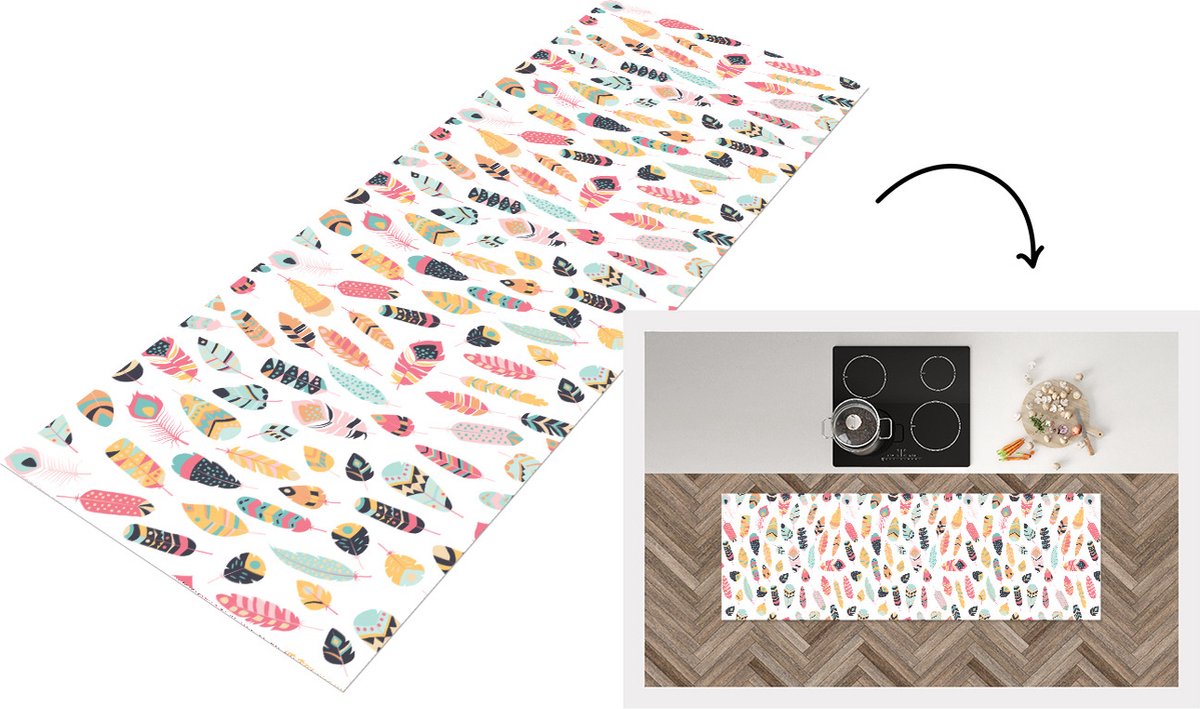 KitchenYeah Keukenloper - Loper keuken - Veren - Pluimen - Patronen - Pastel - 150x50 cm - Keukenloper vinyl Multicolor