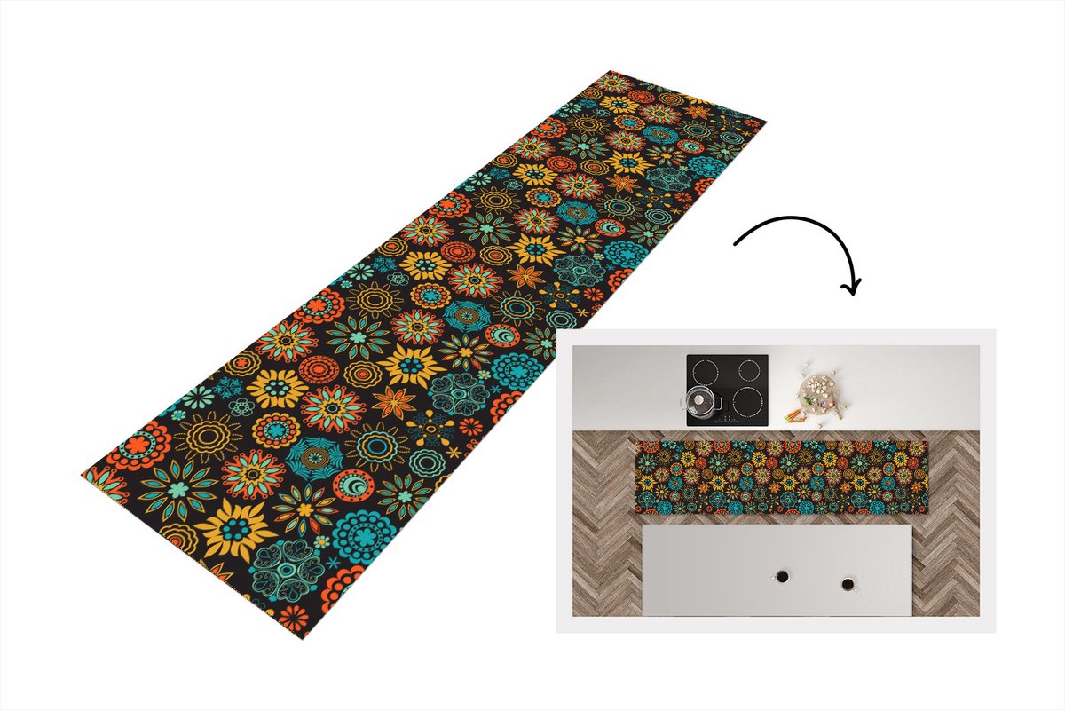 KitchenYeah Keukenloper - Loper keuken - Bohemian - Vintage - Bloem - Flora - 200x50 cm - Keukenloper vinyl Multicolor