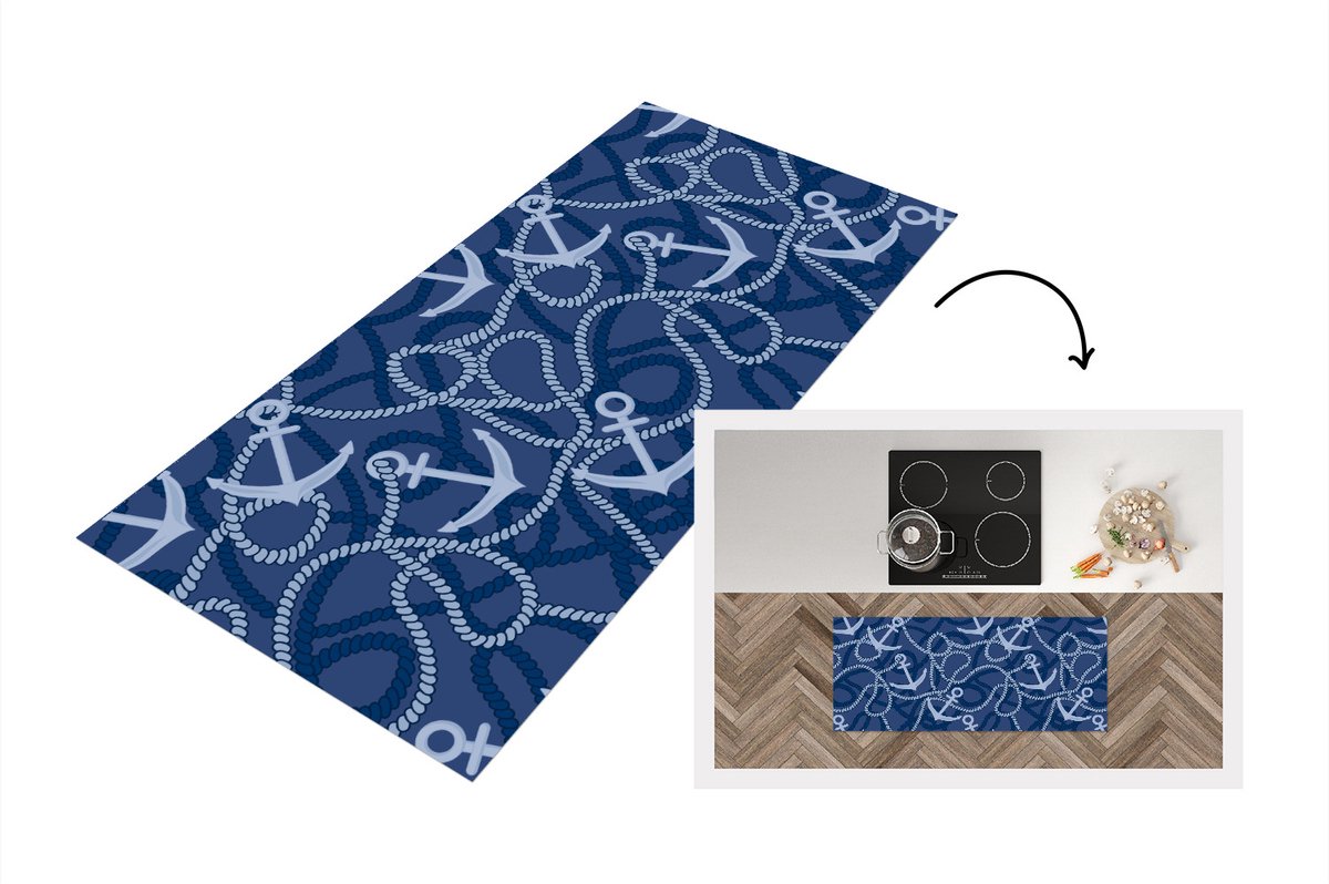 KitchenYeah Keukenloper - Loper keuken - Patronen - Anker - Touw - 120x50 cm - Keukenloper vinyl Multicolor