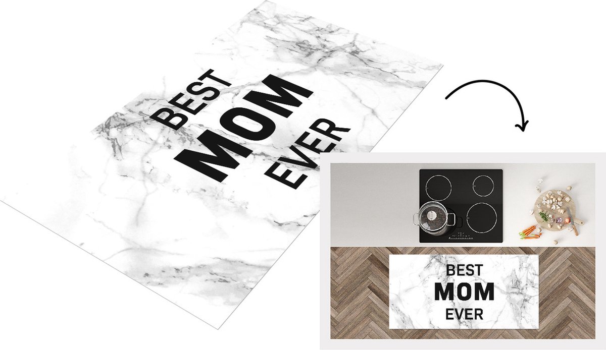 KitchenYeah Keukenloper - Loper keuken - Spreuken - Quotes Best Mom Ever - Marmer - Moederdag - Mam - zwart wit - 120x60 cm - Keukenloper vinyl