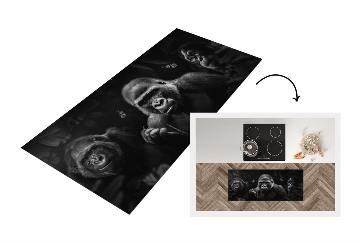 KitchenYeah Keukenloper - Loper keuken - Panorama met gorilla's en vlinders in de jungle - zwart wit - 120x50 cm - Keukenloper vinyl Zwart; Wit