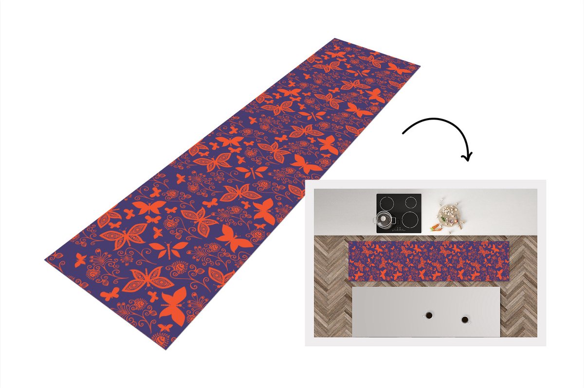 KitchenYeah Keukenloper - Loper keuken - Vlinder - Libelle - Rood - Patronen - 240x60 cm - Keukenloper vinyl Multicolor