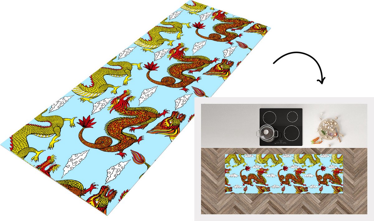KitchenYeah Keukenloper - Loper keuken - Draak - Chinees - Patronen - 150x50 cm - Keukenloper vinyl Multicolor