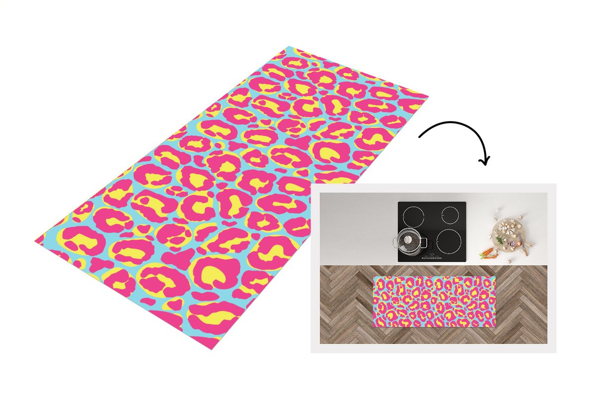 KitchenYeah Keukenloper - Loper keuken - Panterprint - Roze - Geel - Patroon - Keukenloper vinyl Multicolor