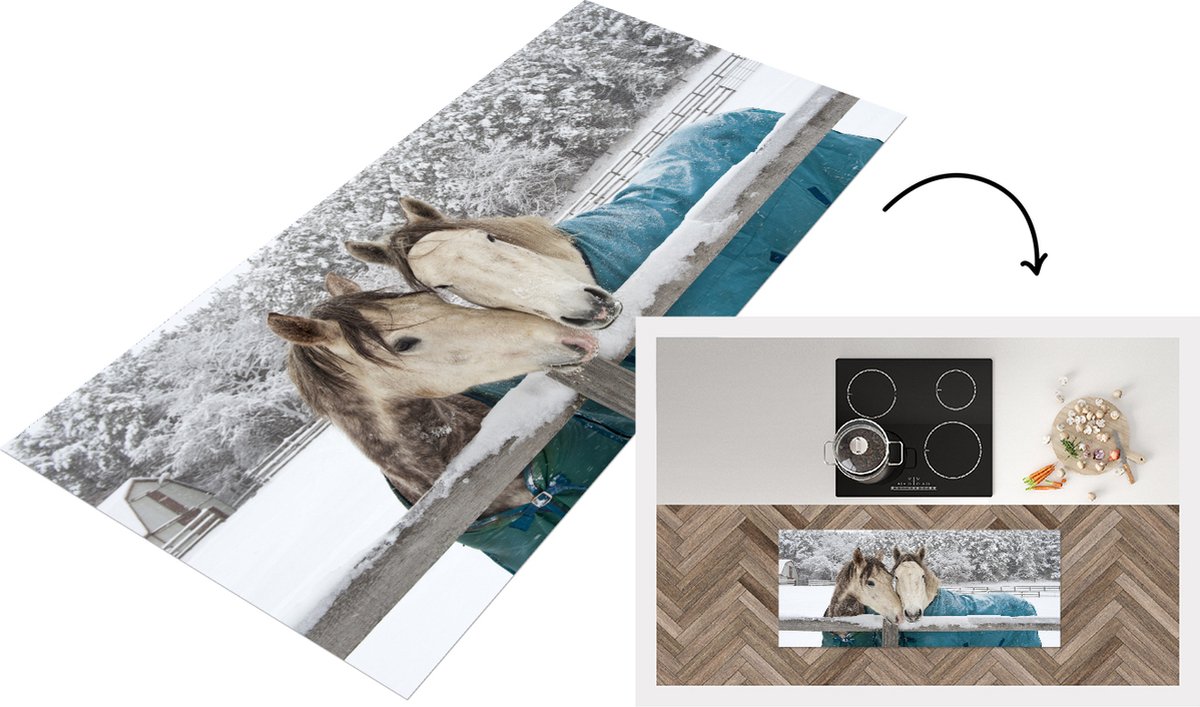 KitchenYeah Keukenloper - Loper keuken - Paarden - Deken - Sneeuw - 120x50 cm - Keukenloper vinyl Multicolor