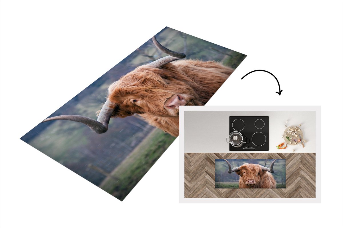 KitchenYeah Keukenloper - Loper keuken - Schotse Hooglander - Hoorns - Berg - 120x50 cm - Keukenloper vinyl Multicolor
