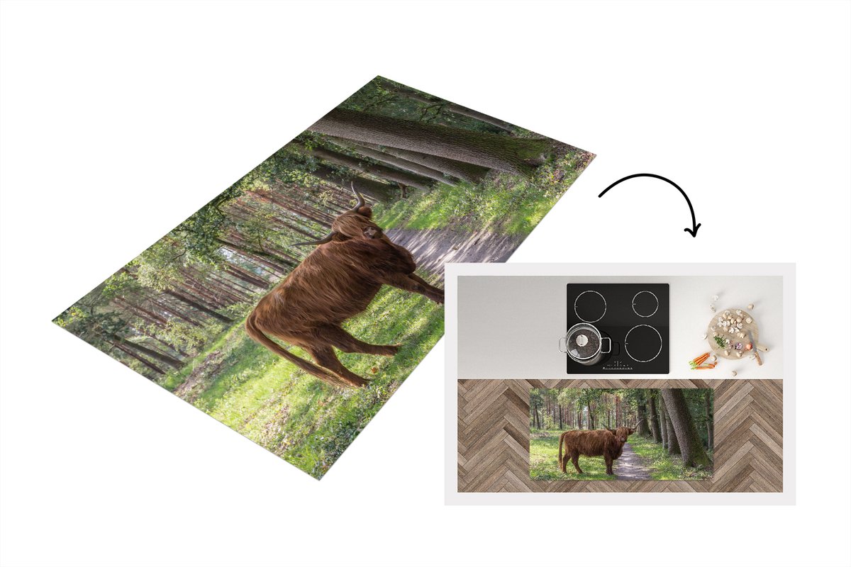 KitchenYeah Keukenloper - Loper keuken - Schotse Hooglander - Pad - Boom - 120x60 cm - Keukenloper vinyl Multicolor