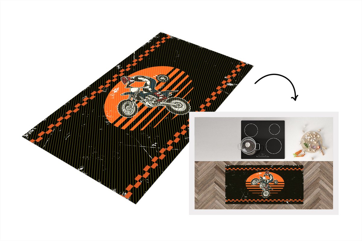KitchenYeah Keukenloper - Loper keuken - Mancave - Crossmotor - Vintage - Oranje - Zwart - 120x60 cm - Keukenloper vinyl Multicolor