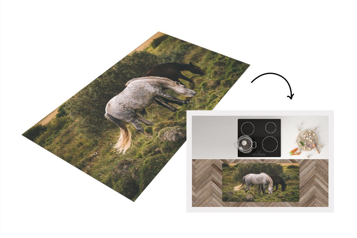 KitchenYeah Keukenloper - Loper keuken - Paarden - Gras - IJslander - 120x60 cm - Keukenloper vinyl Multicolor