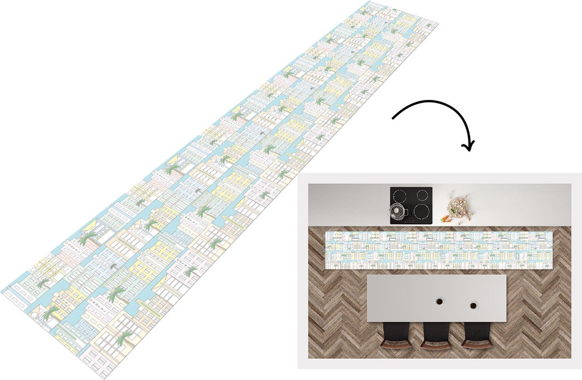 KitchenYeah Keukenloper - Loper keuken - Miami - Skyline - Patroon - USA - 300x50 cm - Keukenloper vinyl Multicolor