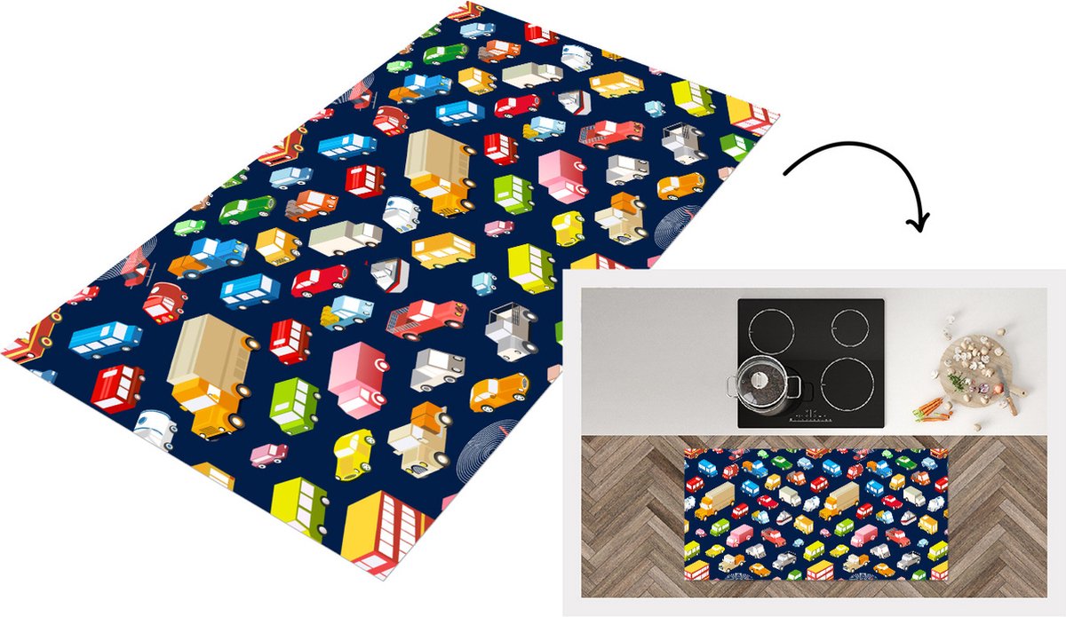 KitchenYeah Keukenloper - Loper keuken - Patroon - Auto - Verkeer - 120x60 cm - Keukenloper vinyl Multicolor